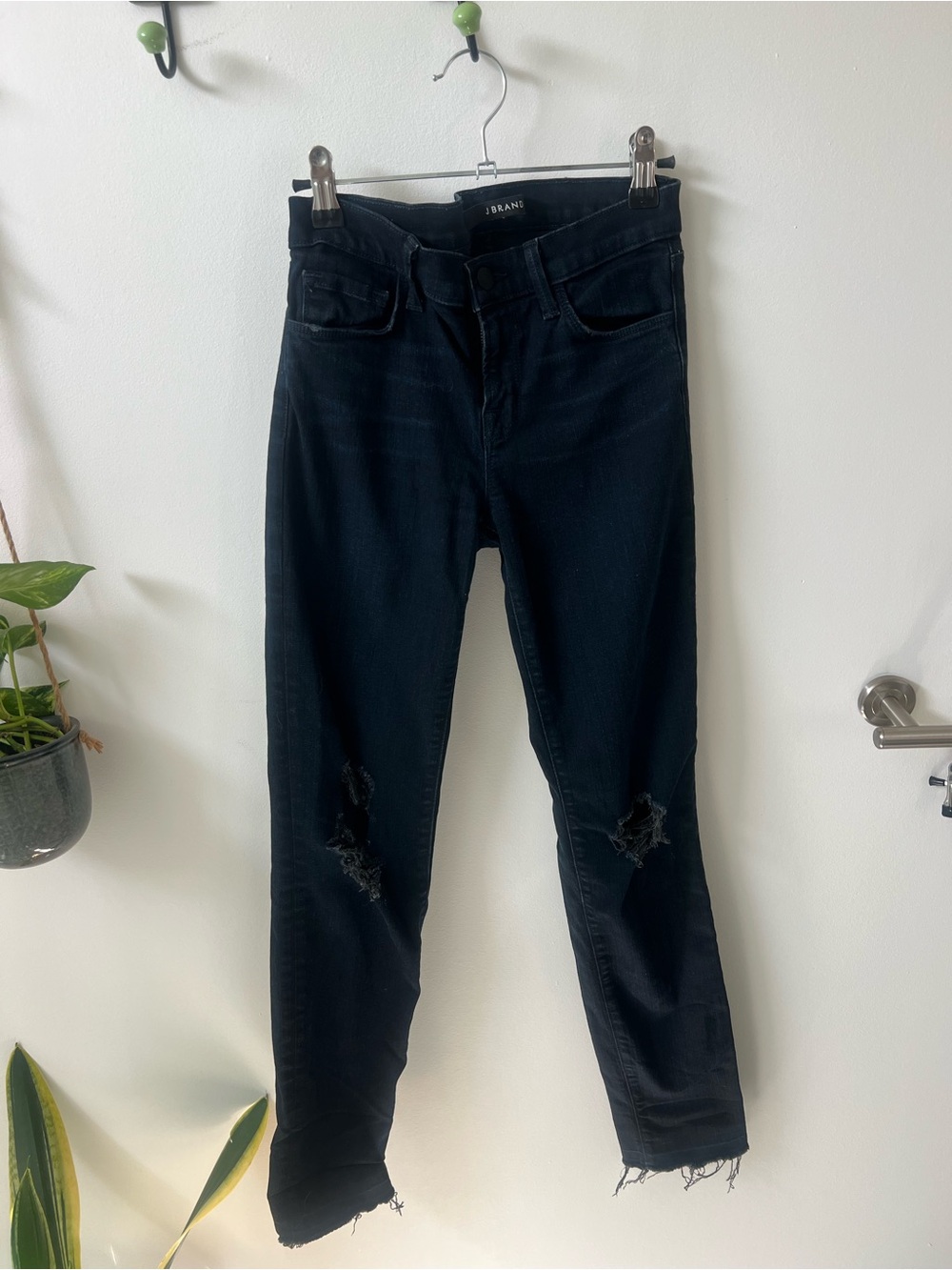 J Brand Black Skinny Jeans with Knee Rips and Frayed Hem